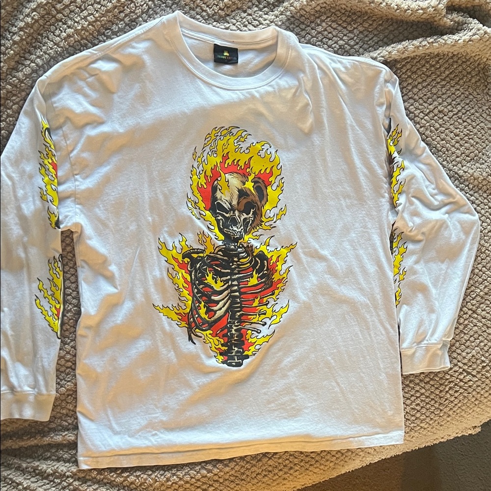 Teddy Fresh White Long Sleeve Shirt with Flaming Skull Bear Design